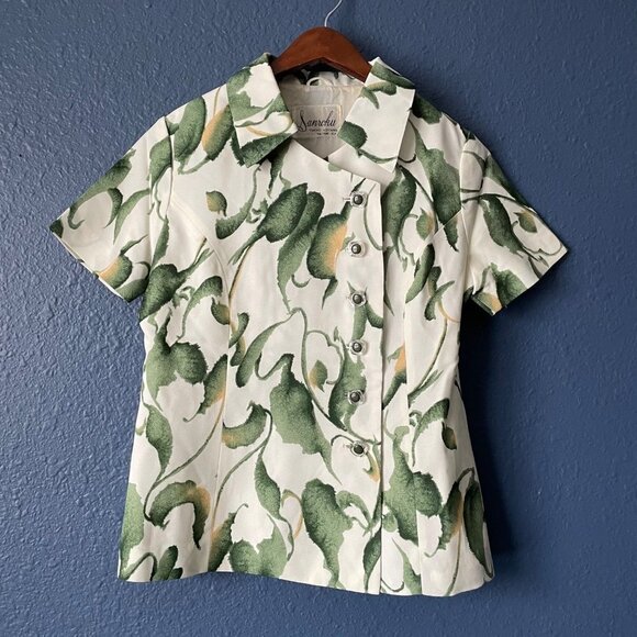 Sanroku Green Botanical Asian Style Button Up Collared Shirt Women's Size Small - Picture 3 of 10
